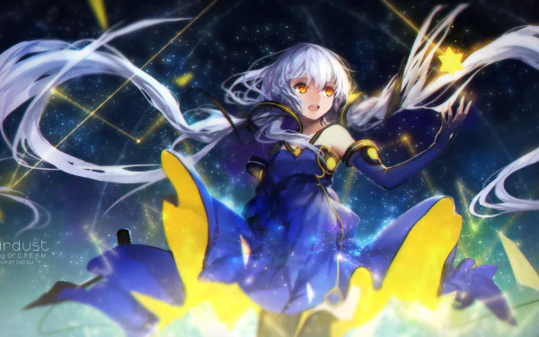 HD PC desktop wallpaper featuring Stardust from Vocaloid in anime style, with glowing stars and cosmic elements surrounding her vibrant blue and yellow dress.