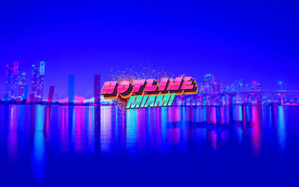 HD PC desktop wallpaper featuring a vibrant neon cityscape from the video game Hotline Miami, with the game's logo prominently displayed against a blue and pink night sky.