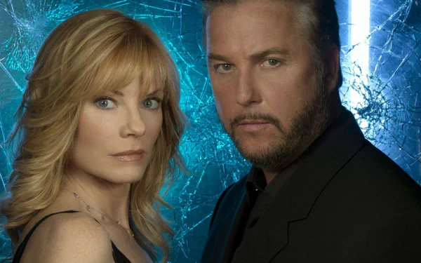 HD PC desktop wallpaper featuring two main characters from the TV show CSI: Crime Scene Investigation against a cracked blue background.