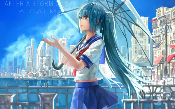 Hatsune Miku in a school uniform and twintails stands by a waterfront cityscape, holding an umbrella with blue skies above. The text After a storm comes a calm is overlaid. Anime HD desktop wallpaper background.