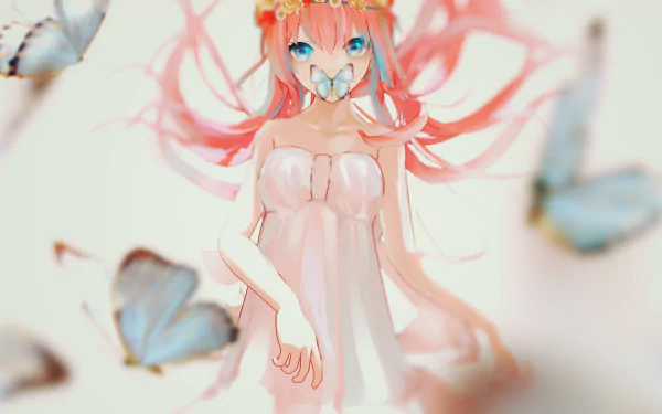 HD desktop wallpaper of Vocaloid Luka Megurine with pink hair and blue eyes, wearing a white dress and headdress, surrounded by blue butterflies, inspired by Just Be Friends.