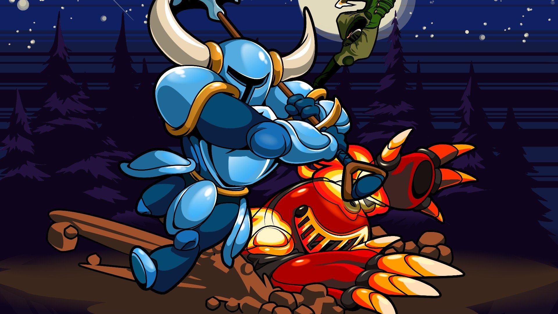 HD desktop wallpaper featuring Shovel Knight battling Mole Knight from the Shovel Knight game series against a night backdrop.