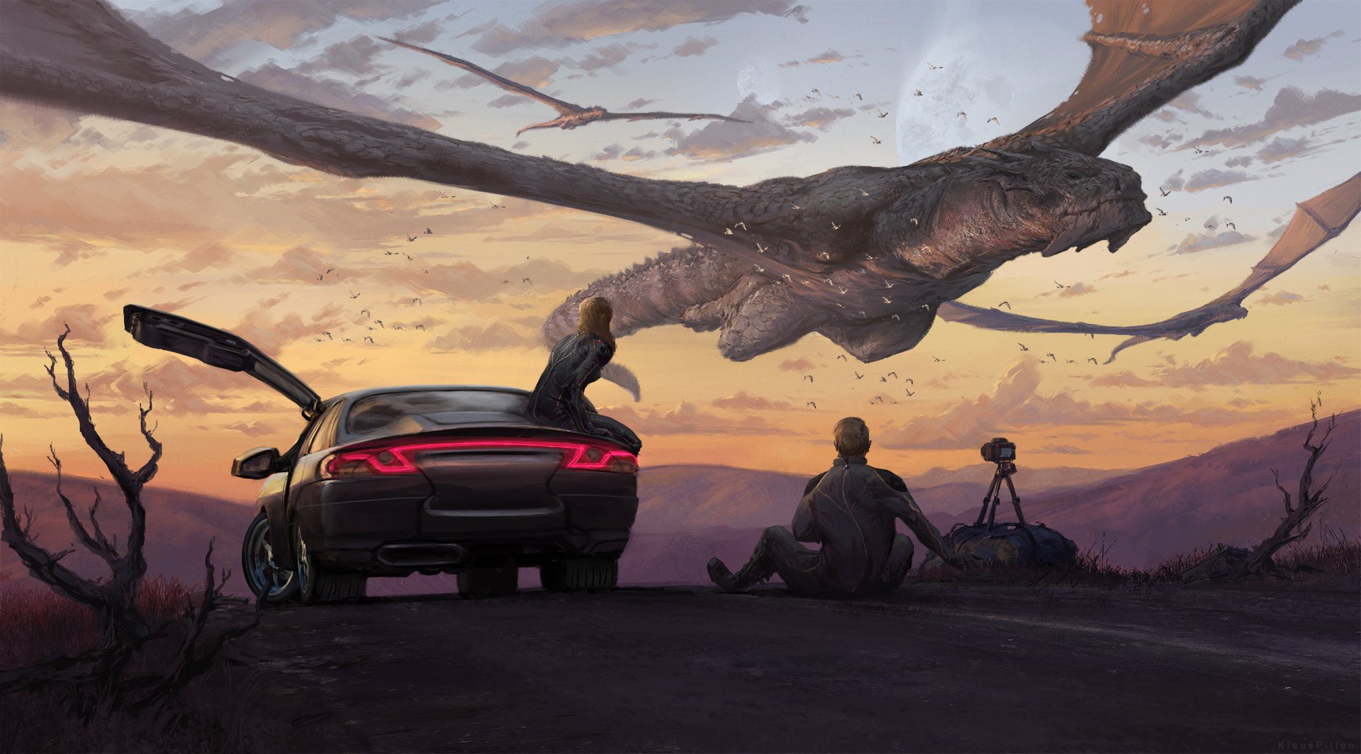 HD PC desktop wallpaper showing a person with a camera next to a car, capturing a dramatic scene of dragons flying at sunset in a fantasy landscape.