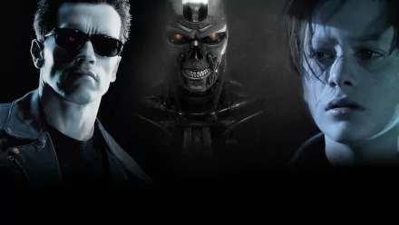 HD PC desktop wallpaper featuring Arnold Schwarzenegger and characters from the movie Terminator 2: Judgment Day with a dark, intense sci-fi theme.