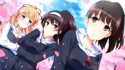 Three characters from the anime Saekano: How to Raise a Boring Girlfriend pose together against a backdrop of pink blossoms and a blue sky in this HD wallpaper.