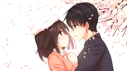 Anime scene featuring Megumi Katō and Tomoya Aki from Saekano: How to Raise a Boring Girlfriend, amidst cherry blossoms, capturing a tender moment with glasses and hats.