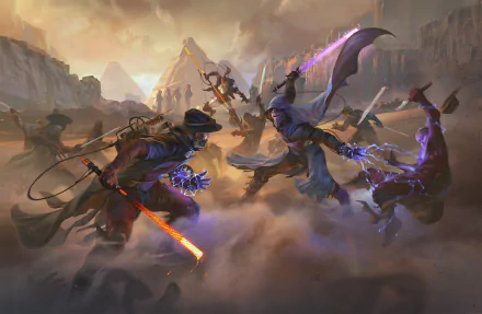 Dynamic battle scene featuring Star Wars warriors wielding lightsabers and magic in a dramatic landscape, inspired by Star Wars: Knights Of The Old Republic. HD desktop wallpaper.