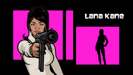 HD desktop wallpaper featuring Lana Kane from the TV show Archer, with a bold pink and black design showcasing her aiming a gun and her silhouette.