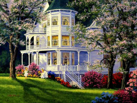 A serene garden scene featuring a charming house surrounded by colorful flowers and lush grass, with a child playing nearby, creating a vibrant and artistic atmosphere.