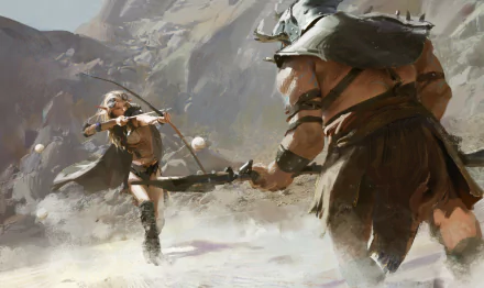 A fierce woman warrior in goggles and helmet aims her bow at a battle-hardened foe, capturing the essence of fantasy warfare in this HD wallpaper. Epic and dynamic fantasy scene.