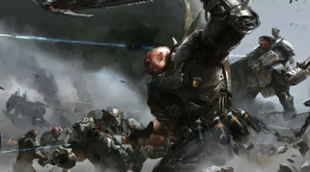 HD PC desktop wallpaper and background depicting a sci‑fi battle: armored robot soldiers charging through smoke and explosions.