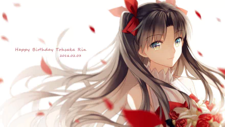 HD wallpaper featuring Rin Tohsaka from *Fate/Stay Night*, adorned with flowers and ribbons, celebrating her birthday with a soft, enchanting background.