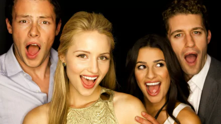 HD PC desktop wallpaper background: four young adults smiling and singing, tagged TV show Glee.