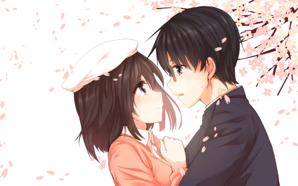 Anime scene featuring Megumi Katō and Tomoya Aki from Saekano: How to Raise a Boring Girlfriend, amidst cherry blossoms, capturing a tender moment with glasses and hats.