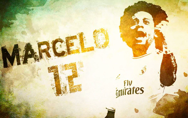HD desktop wallpaper featuring Brazilian soccer player Marcelo Vieira of Real Madrid C.F., with his name and number in artistic text.
