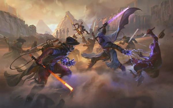 Dynamic battle scene featuring Star Wars warriors wielding lightsabers and magic in a dramatic landscape, inspired by Star Wars: Knights Of The Old Republic. HD desktop wallpaper.