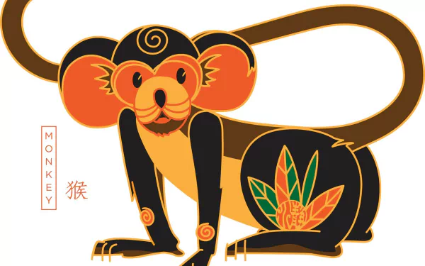 HD PC desktop wallpaper featuring a stylized monkey illustration celebrating Chinese New Year with vibrant colors and festive design elements.