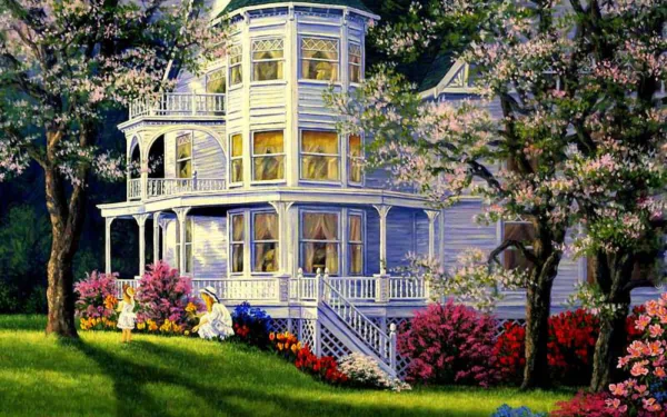 A serene garden scene featuring a charming house surrounded by colorful flowers and lush grass, with a child playing nearby, creating a vibrant and artistic atmosphere.