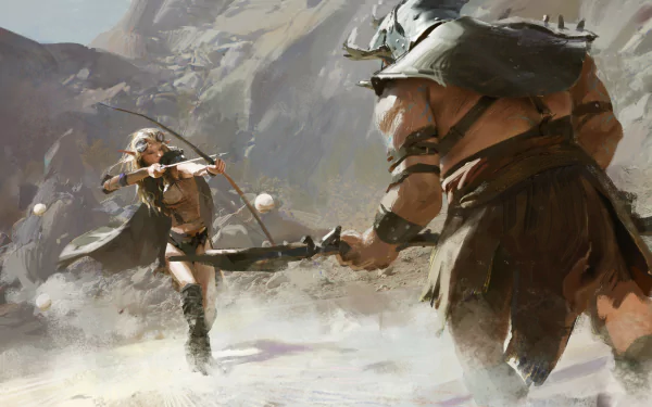 A fierce woman warrior in goggles and helmet aims her bow at a battle-hardened foe, capturing the essence of fantasy warfare in this HD wallpaper. Epic and dynamic fantasy scene.