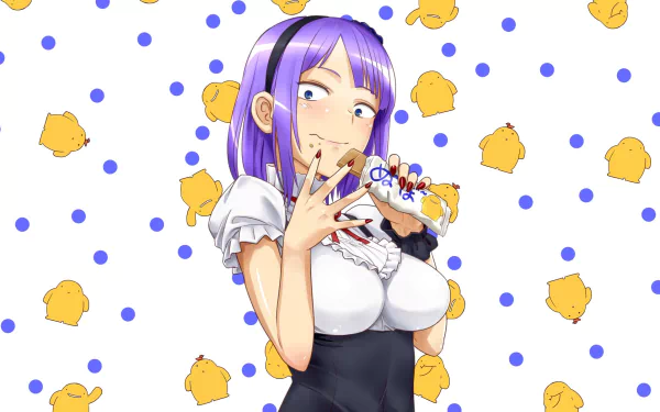 HD anime wallpaper featuring Shidare Hotaru from Dagashi Kashi with a playful expression, set against a white background with yellow snack and blue polka dot patterns.