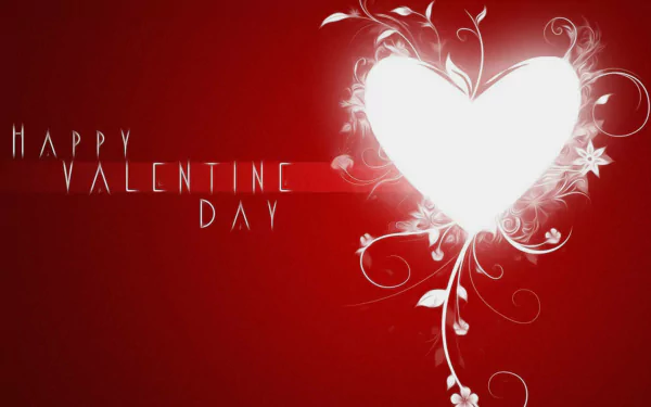 HD PC desktop wallpaper featuring a glowing white heart with floral accents on a red background and the text Happy Valentine Day for Valentine's Day holiday.