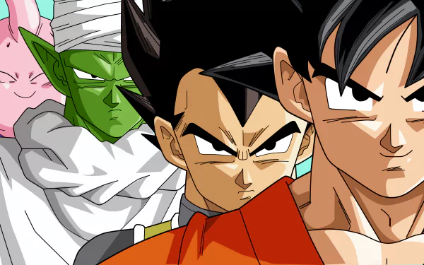 Group of iconic Dragon Ball Z characters includes Goku, Vegeta, Piccolo, and Majin Buu, set against a vibrant background in this stunning 4K Ultra HD wallpaper.