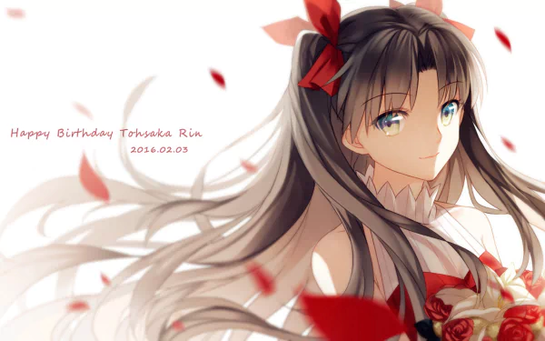 HD wallpaper featuring Rin Tohsaka from *Fate/Stay Night*, adorned with flowers and ribbons, celebrating her birthday with a soft, enchanting background.