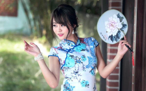 Femmes Asiatique Top Model Oriental Fan Brune Brown Eyes Bokeh Dress Fond d'écran HD | Image