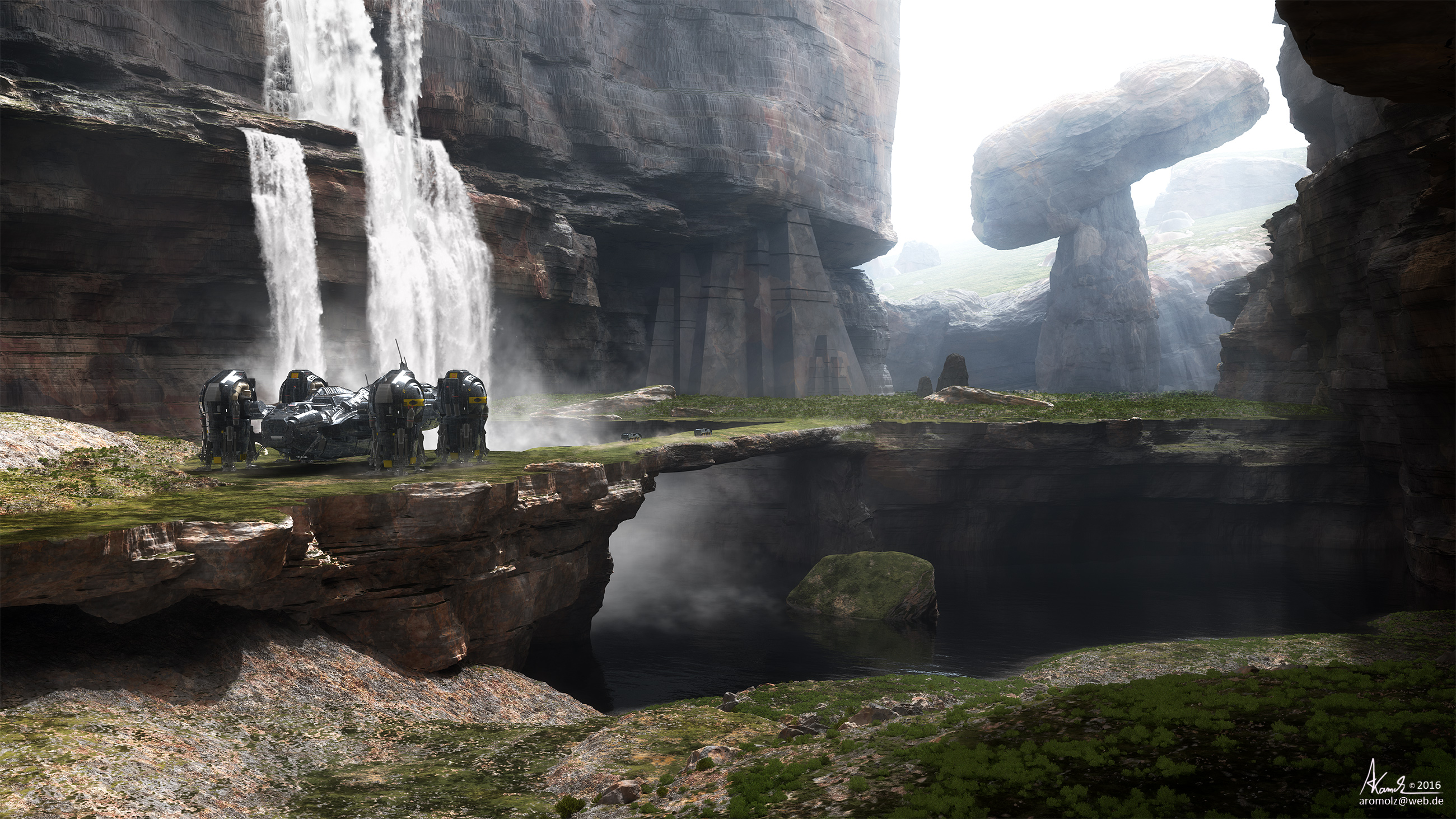 Download Waterfall Landscape Sci Fi Spaceship HD Wallpaper by Aron Kamolz