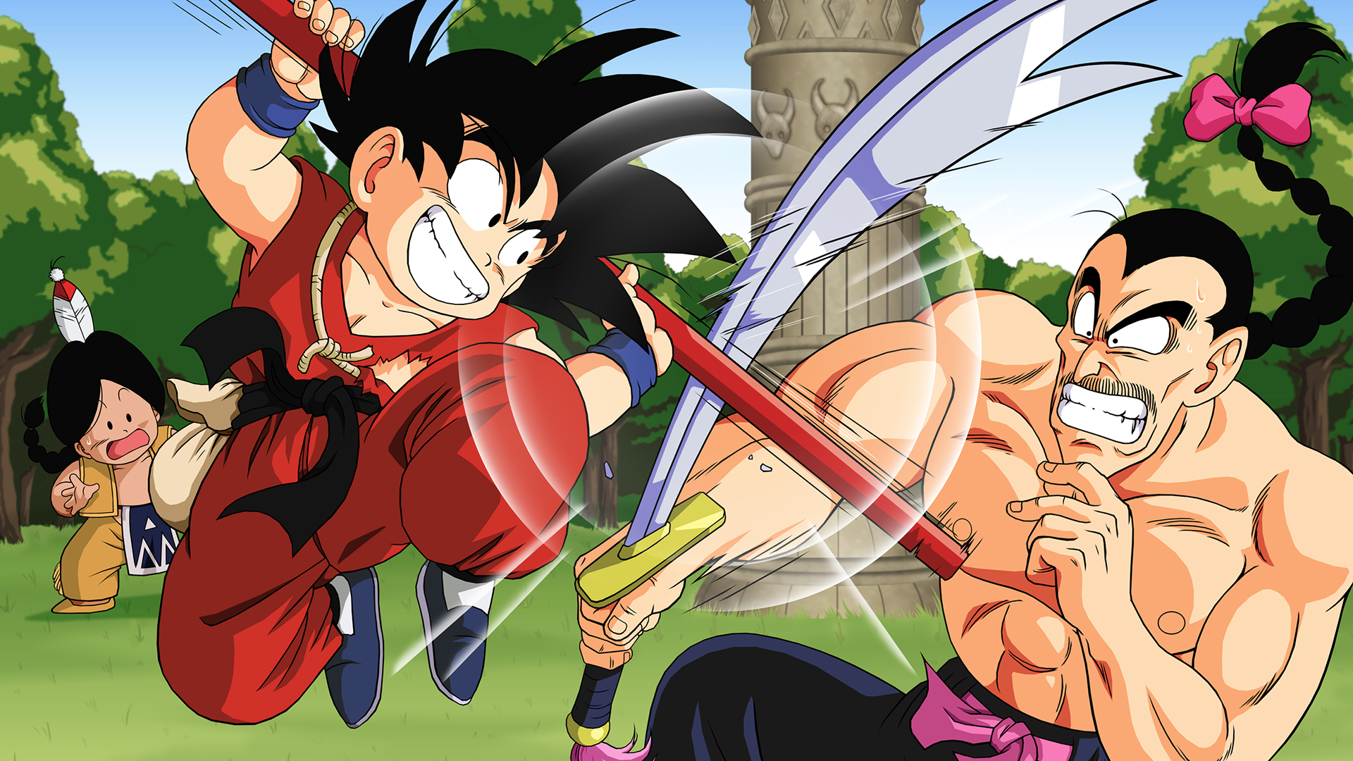 Goku battles Mercenary Tao in an action-packed scene from Dragon Ball, featuring dynamic poses and vibrant colors, with Upa observing in the background. A striking HD anime wallpaper.