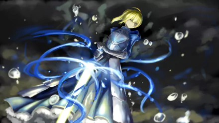 Saber from the Fate Series stands confidently, surrounded by swirling blue energy, in this HD anime wallpaper. A striking depiction from Fate/Stay Night.