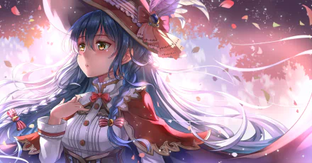 Umi Sonoda from Love Live! features blue hair in a braid and a stylish hat, with a gentle blush and expressive brown eyes, portrayed in a vibrant anime-inspired scene.
