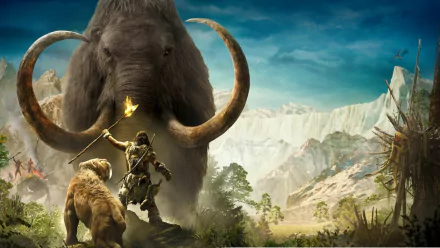 HD desktop wallpaper and background of a mammoth from the video game Far Cry Primal, featuring a prehistoric hunter with a torch and a large dog, set against a picturesque landscape.
