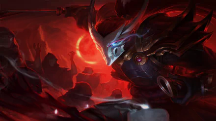 HD desktop wallpaper featuring Yasuo from League of Legends, set against a dramatic, crimson backdrop in the Ionia region.
