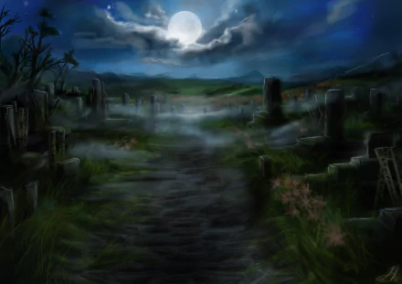 A haunting nighttime scene featuring a graveyard with tombstones, illuminated by a full moon and shrouded in mist, creating a dark, fantastical atmosphere.