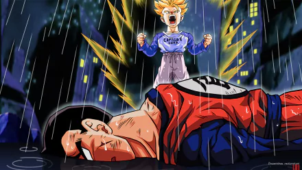 HD wallpaper of Trunks from Dragon Ball Z standing in the rain over an unconscious Gohan, with lightning flashing in the background. The dramatic scene captures intense emotions from the anime.