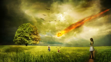 A little girl stands in a green field, gazing at a meteorite streaking through stormy clouds above her, while a tree and a bicycle accompany her in this CGI photographic scene.