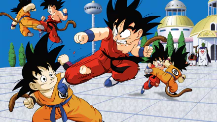 HD wallpaper featuring Goku in action, alongside Mr. Popo and Kami from Dragon Ball, showcasing dynamic anime scenes and vibrant backgrounds.