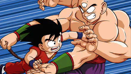 HD Dragon Ball PC wallpaper featuring dynamic anime action with young Goku and Tenshinhan in a fast-paced battle scene.
