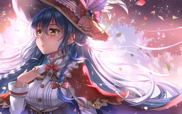 Umi Sonoda from Love Live! features blue hair in a braid and a stylish hat, with a gentle blush and expressive brown eyes, portrayed in a vibrant anime-inspired scene.