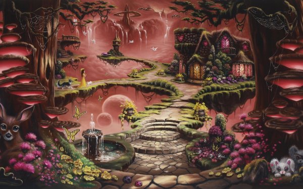 Fantasy Landscape House Little Girl Mushroom Deer Flower Tree HD Wallpaper | Background Image