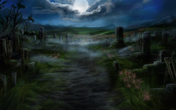 Fantasy Dark Cemetery Tombstone Graveyard Moon Night HD Wallpaper | Background Image