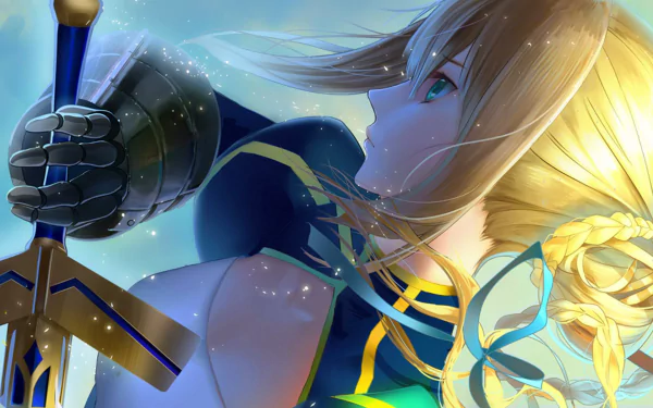 HD desktop wallpaper featuring Saber from Fate/Stay Night, wielding a sword with a dynamic blue and gold background.