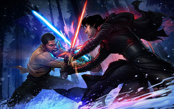 Kylo Ren and Finn clash in an intense lightsaber duel set against a snowy landscape from Star Wars Episode VII: The Force Awakens. A striking HD wallpaper for fans.