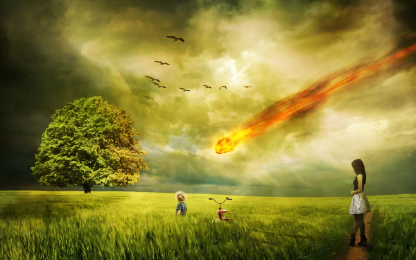 A little girl stands in a green field, gazing at a meteorite streaking through stormy clouds above her, while a tree and a bicycle accompany her in this CGI photographic scene.