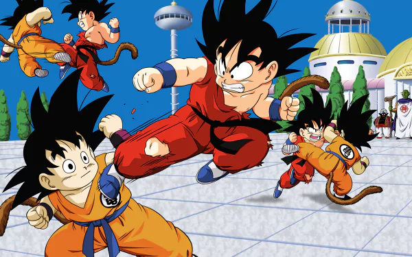 HD wallpaper featuring Goku in action, alongside Mr. Popo and Kami from Dragon Ball, showcasing dynamic anime scenes and vibrant backgrounds.