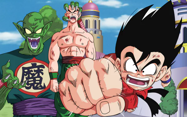 A vibrant HD desktop wallpaper featuring Tien Shinhan, Piccolo, and Goku from Dragon Ball, showcasing their iconic styles and energetic expressions in an anime setting.