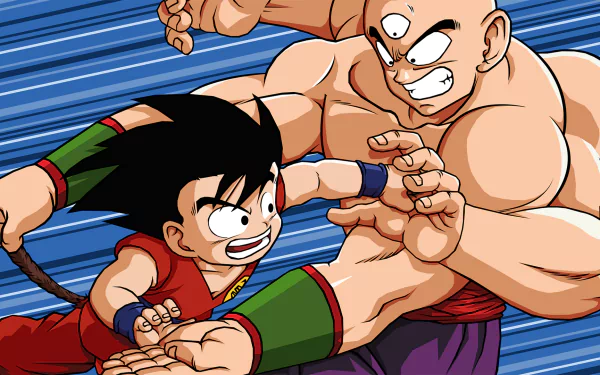 HD Dragon Ball PC wallpaper featuring dynamic anime action with young Goku and Tenshinhan in a fast-paced battle scene.