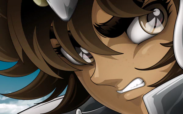 Close-up of Pegasus Seiya from the anime Saint Seiya, showcasing his determined expression. This vibrant HD image serves as an engaging desktop wallpaper.