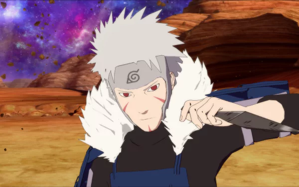 HD PC desktop wallpaper featuring Tobirama Senju from the video game Naruto Shippuden: Ultimate Ninja Storm 4 in a dynamic desert battle scene.